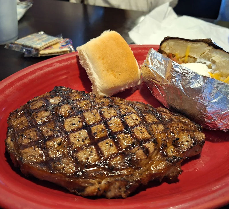 Hand-cut steak dinner at Easley Steakhouse in Canton TX near Wagon Train RV Park