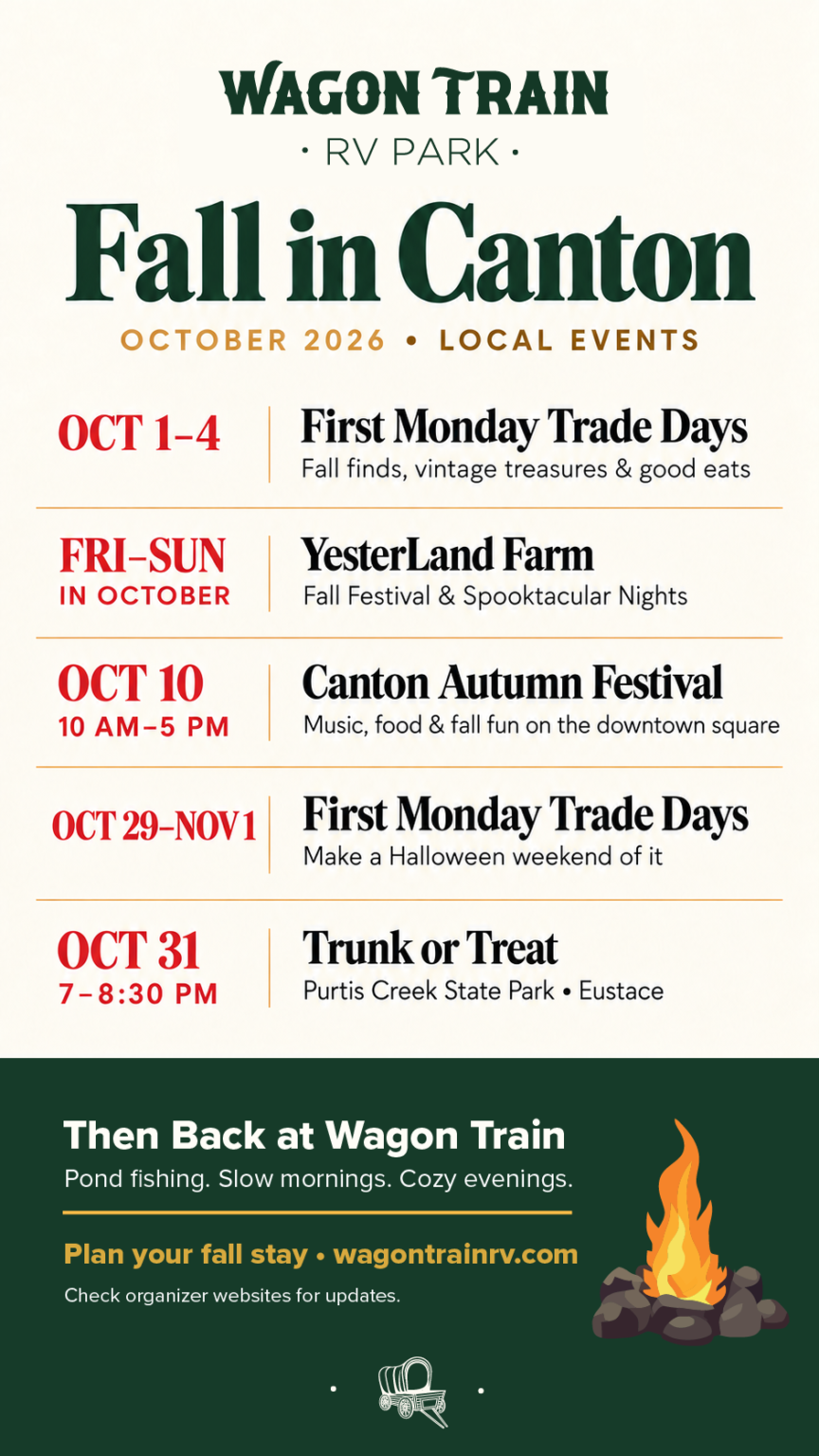 October 2026 Canton, Texas event guide featuring First Monday Trade Days, YesterLand Farm, Canton Autumn Festival and Purtis Creek Trunk or Treat.