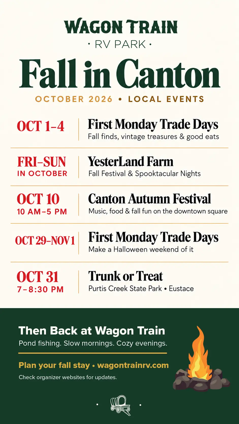 October 2026 Canton, Texas event guide featuring First Monday Trade Days, YesterLand Farm, Canton Autumn Festival and Purtis Creek Trunk or Treat.